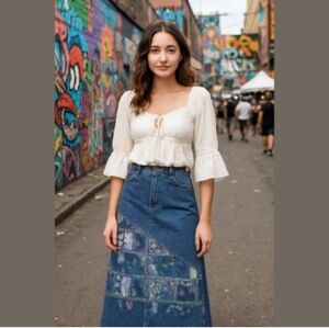 Vintage 🇨🇦 Made in Canada Simon Chang Jeans Blue Jean Denim Maxi Quilted Skirt